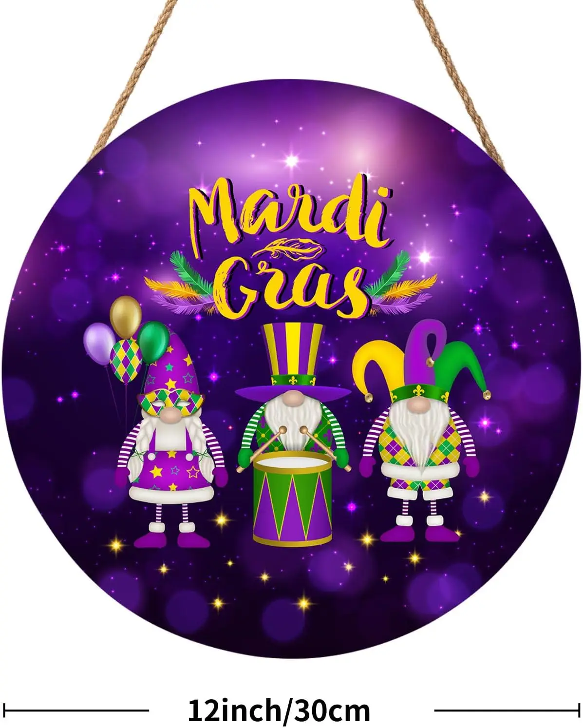 Happy Mardi Gras Door Sign For Front Door Decor,Purple Masquerade Gnomes Wooden Sign 12in Round Wood Hanging Door Sign