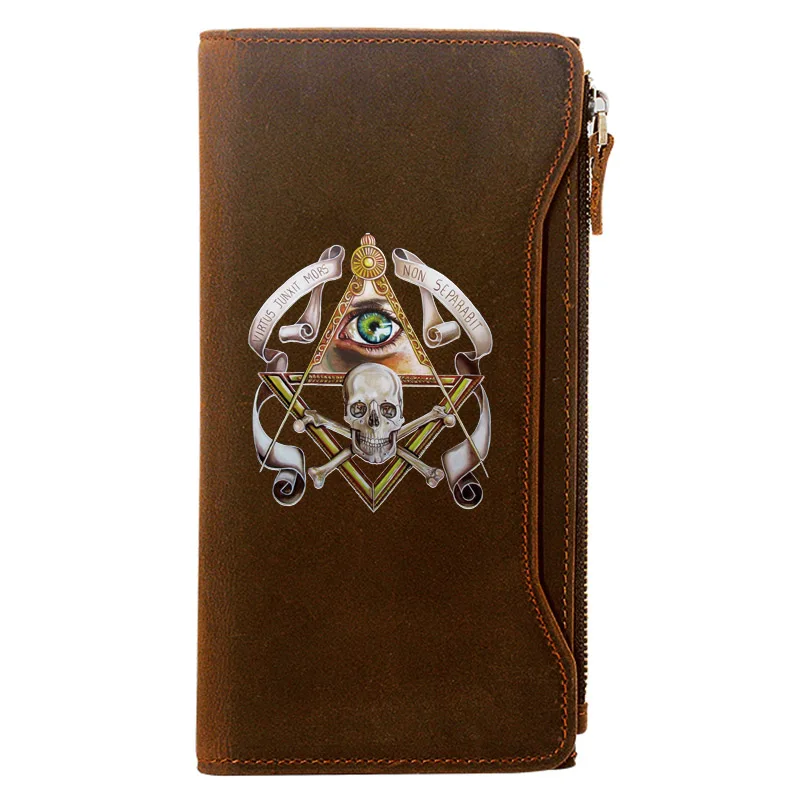 

Vintage Eye of God Masonic Skull Printing Men Long Wallets Zipper Large Capacity Genuine Leather Male Purse Clutch Bag BI463