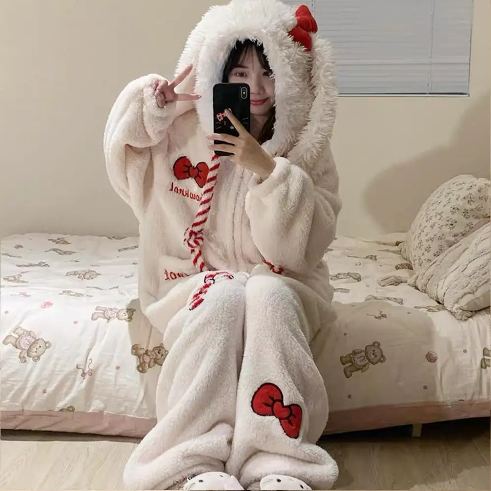 Mono de invierno Kawaii Hello Kitty, pijamas de felpa de una pieza, pijamas de Anime para mujer, ropa de casa de estudiante de terciopelo Coral grueso cálido