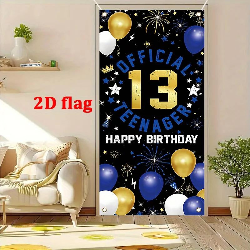 2D plane - 2D door canvas integrated, 2D banner flag, suitable for 13th birthday celebrations, designed in blue and gold, ideal