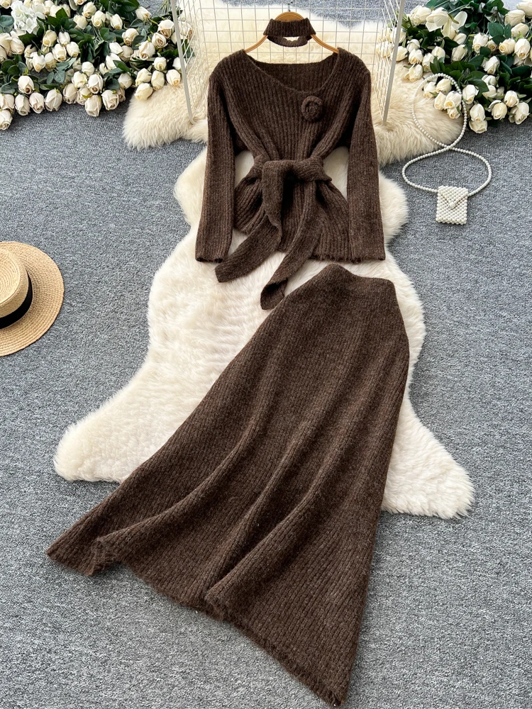 Ele Set top e gonna lavorati a maglia con cravatta a fiori Vita alta Gamba larga Autunno Inverno Maglione Ensemble Gentle Sle