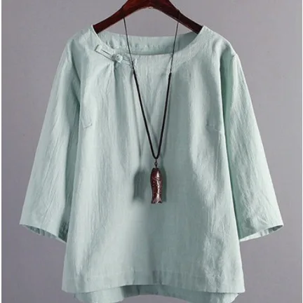 

New Spring/Summer 2025 Women's Wear in Stock Elegant Cotton and Linen Solid Frog Button Round Neck Long-sleeved Retro Shirt