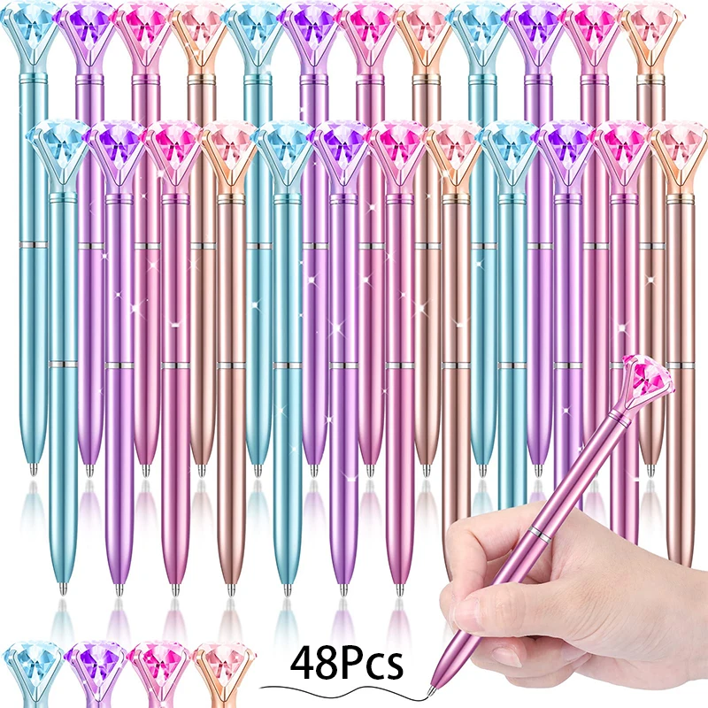 48 ชิ้นคริสตัลเพชรปากกาปากกาลูกลื่นหมึกสีดํา Rhinestones ปากกาเจ้าสาวปากกาอุปกรณ์สํานักงานงานแต่งงานปัจจุบัน