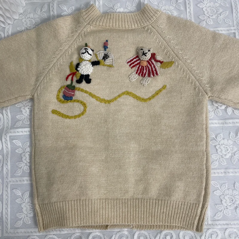 New Autumn Winter Baby Girls Heavy Knit Cardigan Sweater, Hand Double-sided Embroidered Rabbit & Panda Versatile Kids Outerwear