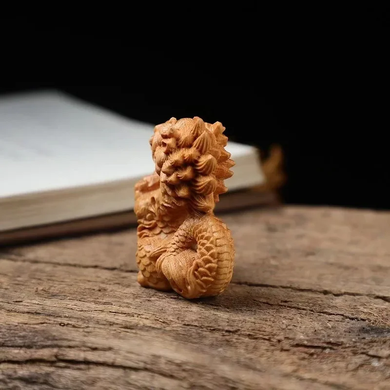 Solid Wood Small Fire Dragon Ingot Fortune Statue Natural Wooden Hand Carved Cute Home Room Mini Feng Shui Decoration Statue