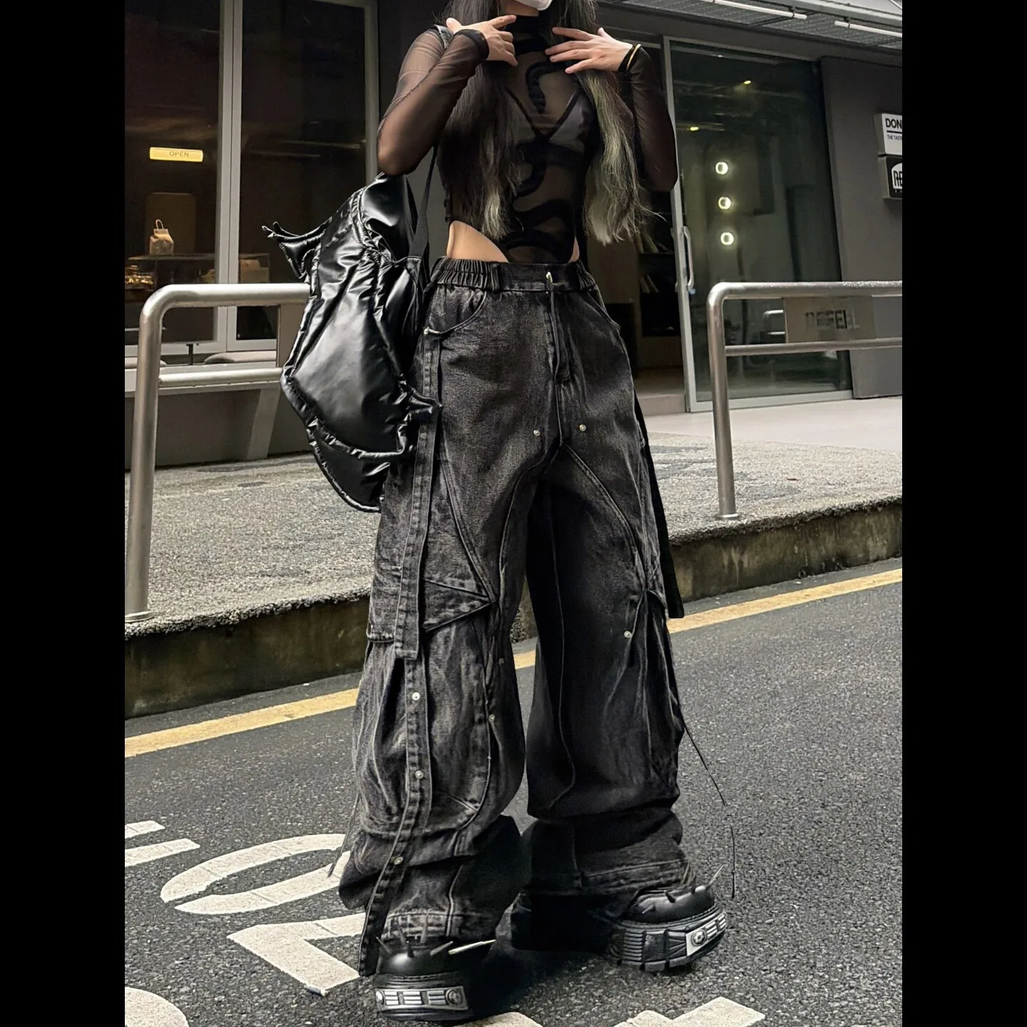 Womens Heavyweight Deconstructed Jeans Sculpted Cut Patchwork Denim Pants with Studs for Dark Punk Hip Hop Fashion Outfits