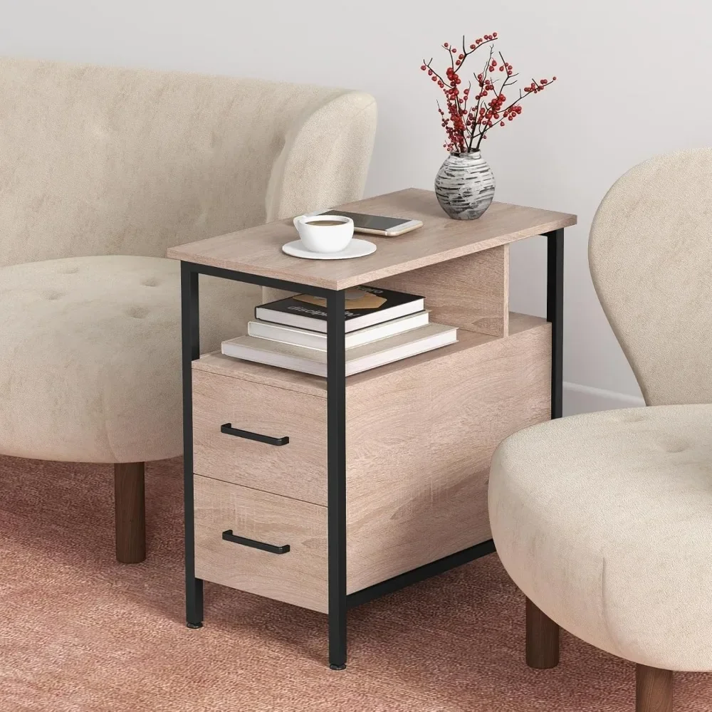 For for Side Tables with Charging Station, Narrow End Table with 2 Wooden Drawers, USB Ports and Power Outlets, Narrow Nightstan