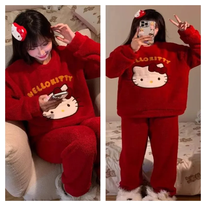 

Красный мультяшный комплект пижам Hello Kitty для женщин: зимний, утепленный, из кораллового флиса, милый новый домашний комплект, очаровательный комплект для сна в стиле каваи