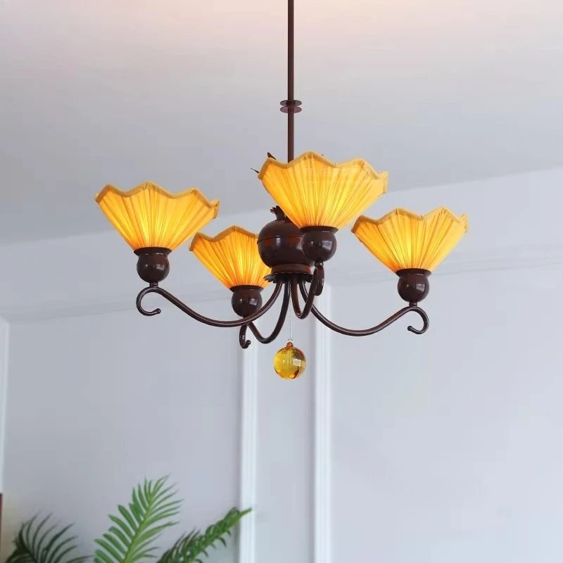 French Baking Paint Iron Art Chandeliers Petal-shaped Fabric Pendant Lights Living Room Bedroom Restaurant Kitchen Hanging Lamps