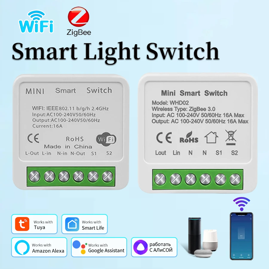 

Модуль переключателя Tuya ZigBee Wi-Fi для умного дома, выключатель 16A, 100-240 В, приложение Smart Life, голосовое управление с Alexa Google Assistant Alice