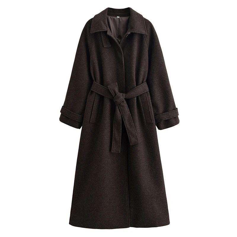 

YENKYE Elegant With Belt Long Woolen Coat For Women Single Breasted Lapel Collar Autumn Winter Warm Outerwear