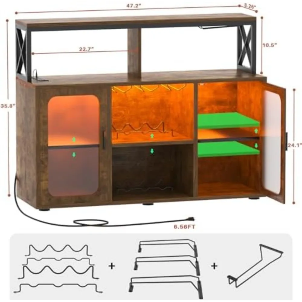 Armadietto da bar con prese di corrente, armadietto per liquori con luci a LED e supporto in vetro, armadietto per buffet, bar da caffè