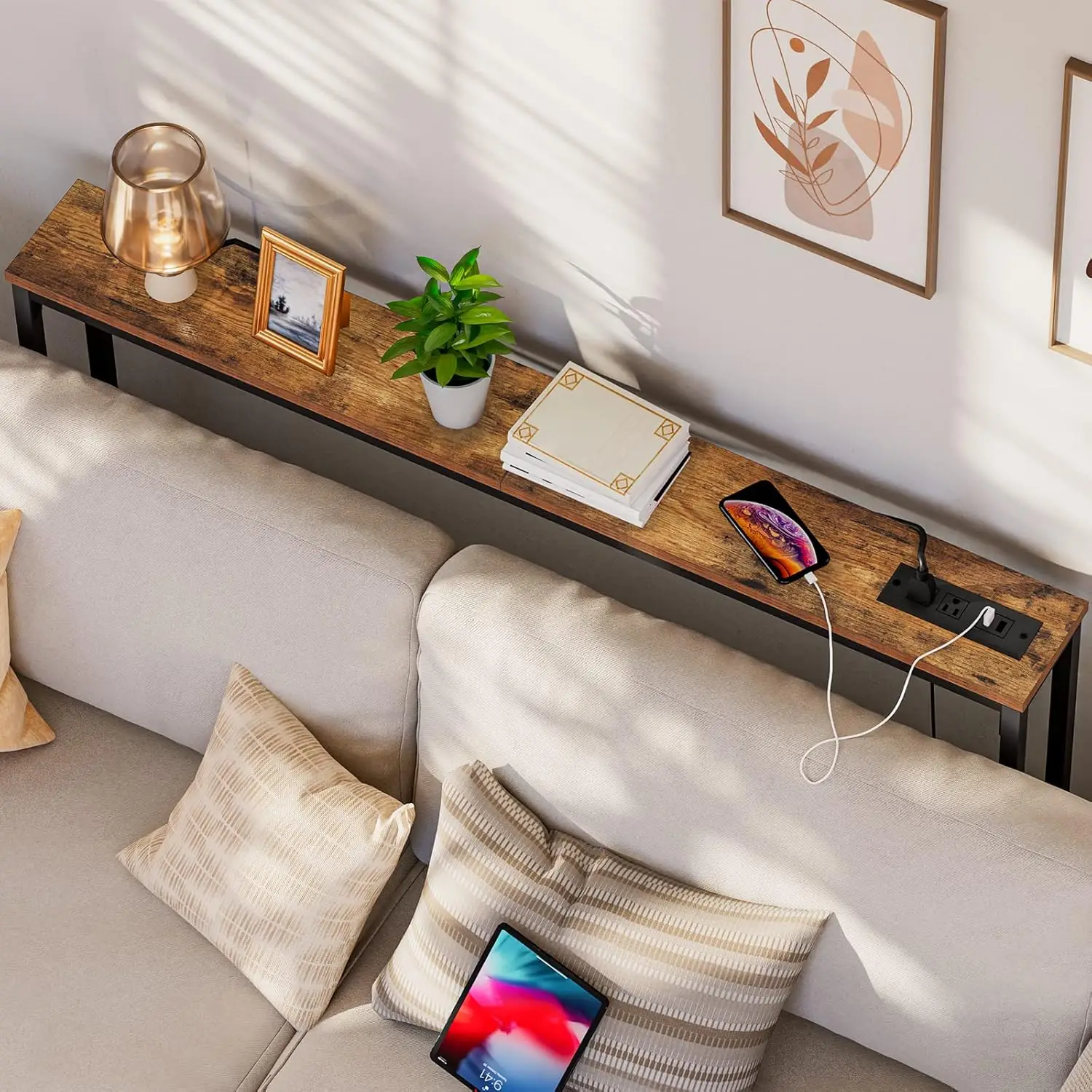 47.2" Narrow Console Table with Power Outlet, Slim Sofa Side Table for Living Room, Hallway, Rustic Brown
