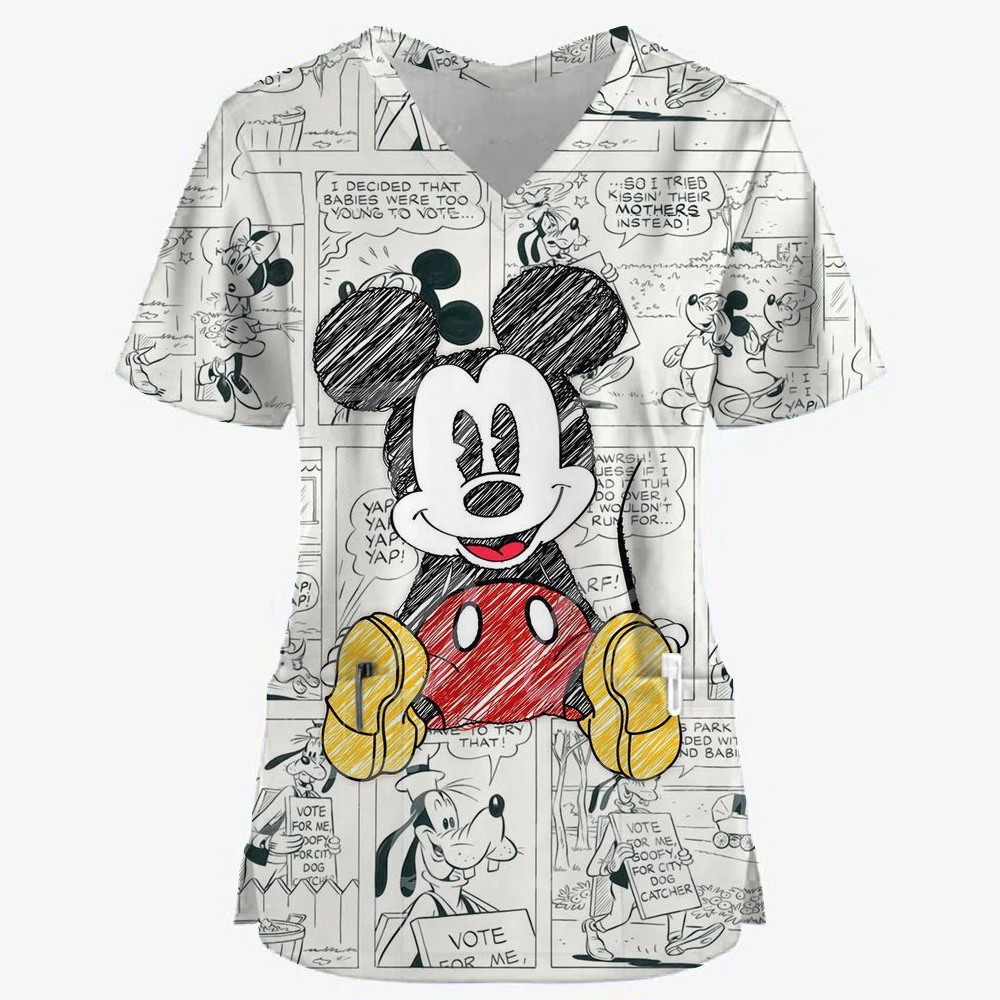 Hospital Working Uniforms Medcine Minnie Mickey Mouse Print Nursing v-neck Blouse Dental Clinic Uniform Medical Nurse Scrub Tops