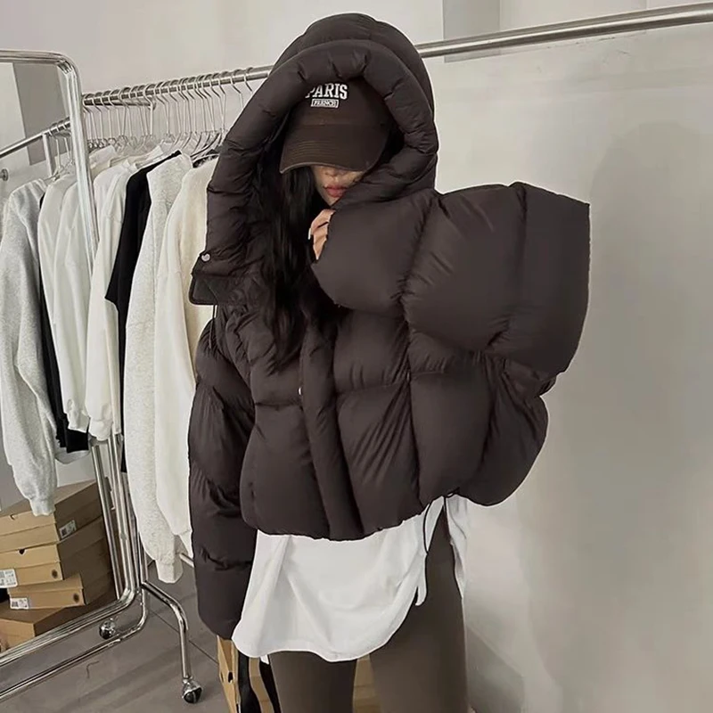 2024 Winter White Duck Down Hooded Puffer Jacket Thick Warmer Oversize Jacket Cotton Long Sleeve Zipper Padded Coat Female