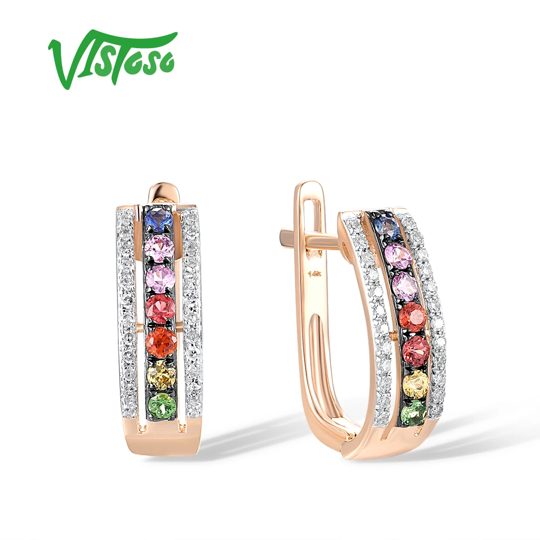 VISTOSO Real 14K 585 Rose White Yellow Gold Earrings For Women Diamond Ruby Emerald Multi Colorful Stone Rainbow Fine Jewelry