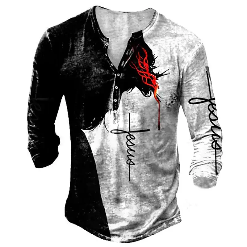 Vintage Jesus Christ V-neck Henley Shirt 3d Crucifix Long Sleeve T Shirt For Men Oversized Tops Tee Shirt Man Punk Streetwear