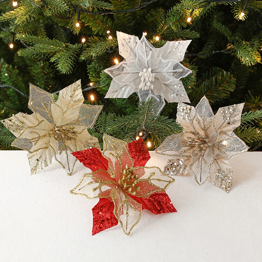 Hanging Xmas Party Tree Decoration Christmas Flower Flower Flower Diameter 18cm Glitter Flower Pole Length 12cm