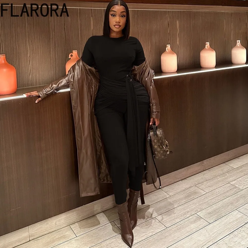 FLARORA Jumpsuit Patchwork Pita Elegan Wanita Warna Solid Leher Bulat Lengan Panjang Bodycon One Piece Playsuits Pakaian Klub Pesta