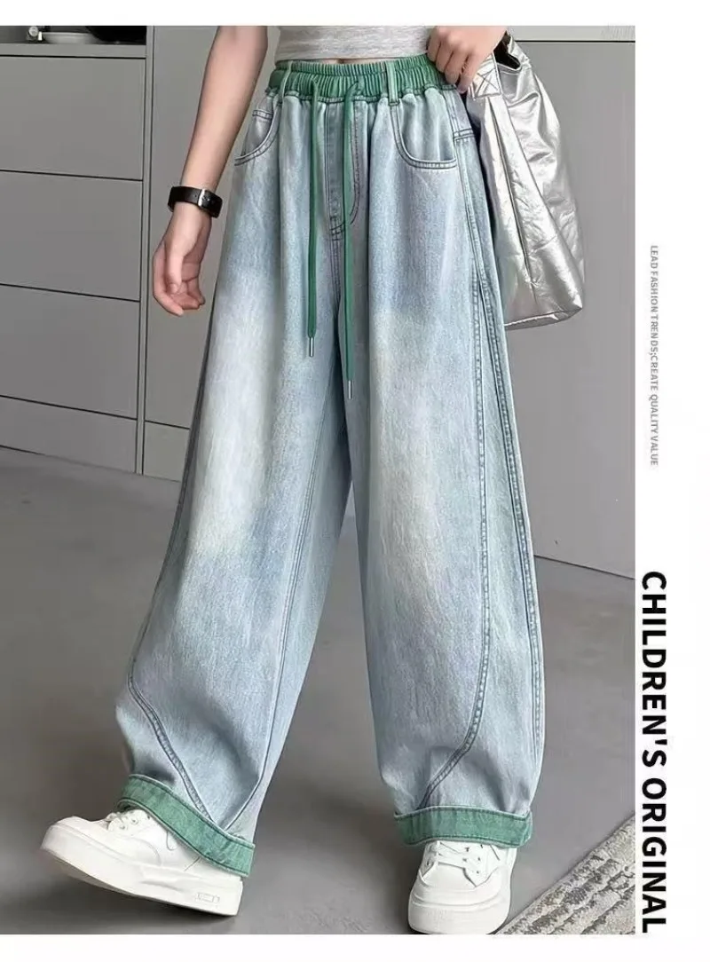 UNITIM 4-14 Jahre Mädchen-Jeans, Sommer, dünn, atmungsaktiv, für Kinder, Mädchen, Denim-Hose, lässig, gespleißt, für Junior-Mädchen, Hose mit weitem Bein – Detail 5