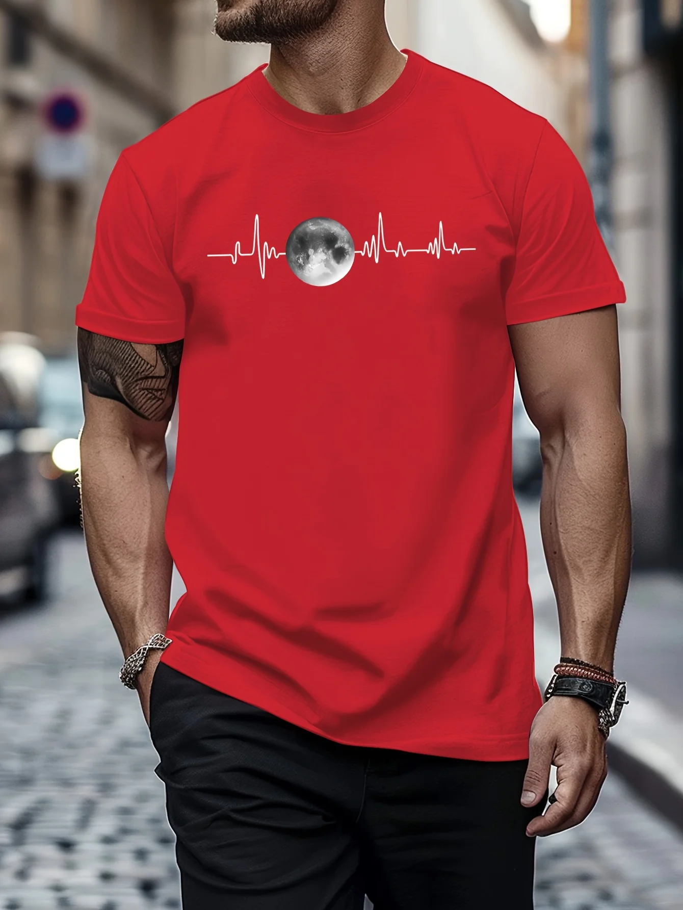 Summer men\'s 100% pure cotton sports casual loose fit plus size moon print comfortable round neck short sleeved T-shirt top