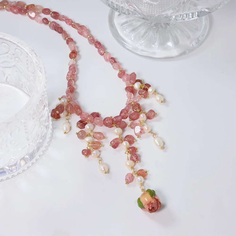 Natural Drip Glue Flower Berry Crystal Pearl Necklace Korean Women's Luxury Jewelry Fashion Women's and Girls' Gifts GN0629