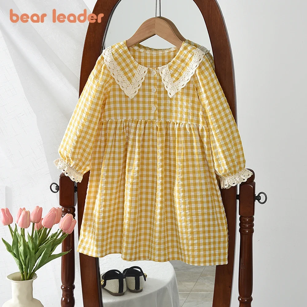 Bear Leader Spring and Autumn New Yellow Checkered Printed Girls' Casual Dresses Lace Collar Long Sleeve Sweet Princess Dress