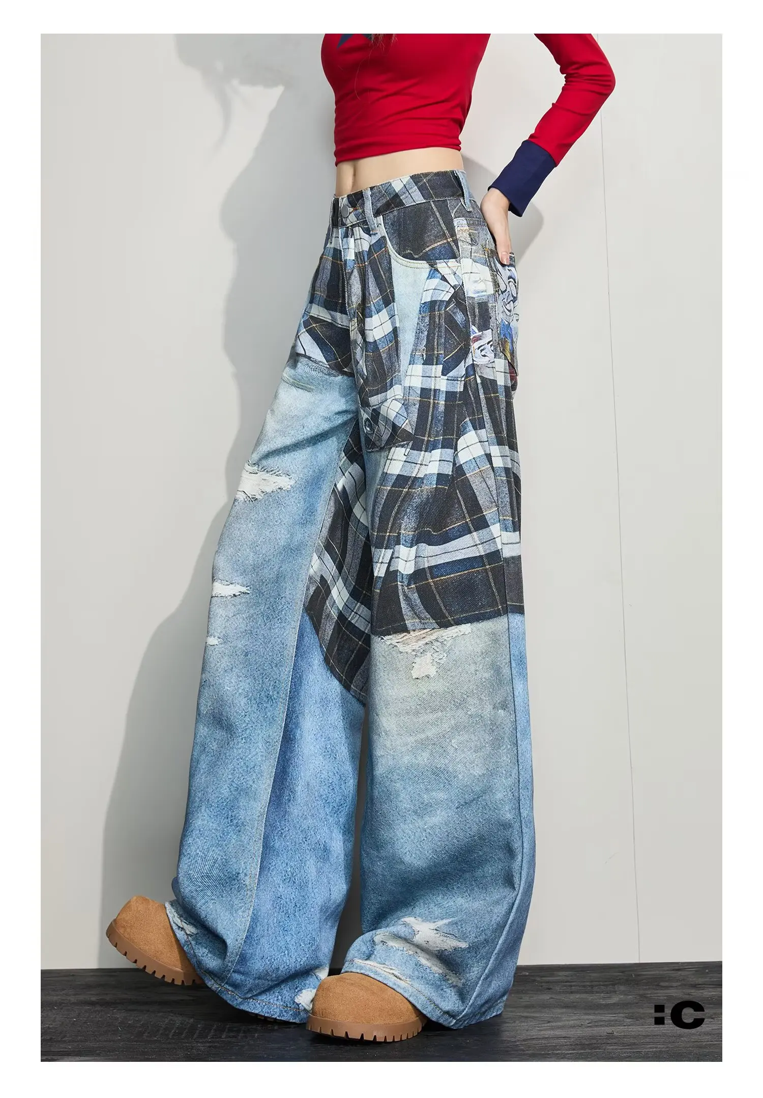 جينز على الطراز الأمريكي مطبوع ثلاثي الأبعاد مع شبكات مثقوبة سروال نسائي كلاسيكي مغسول بأرجل واسعة كاجوال وعصري