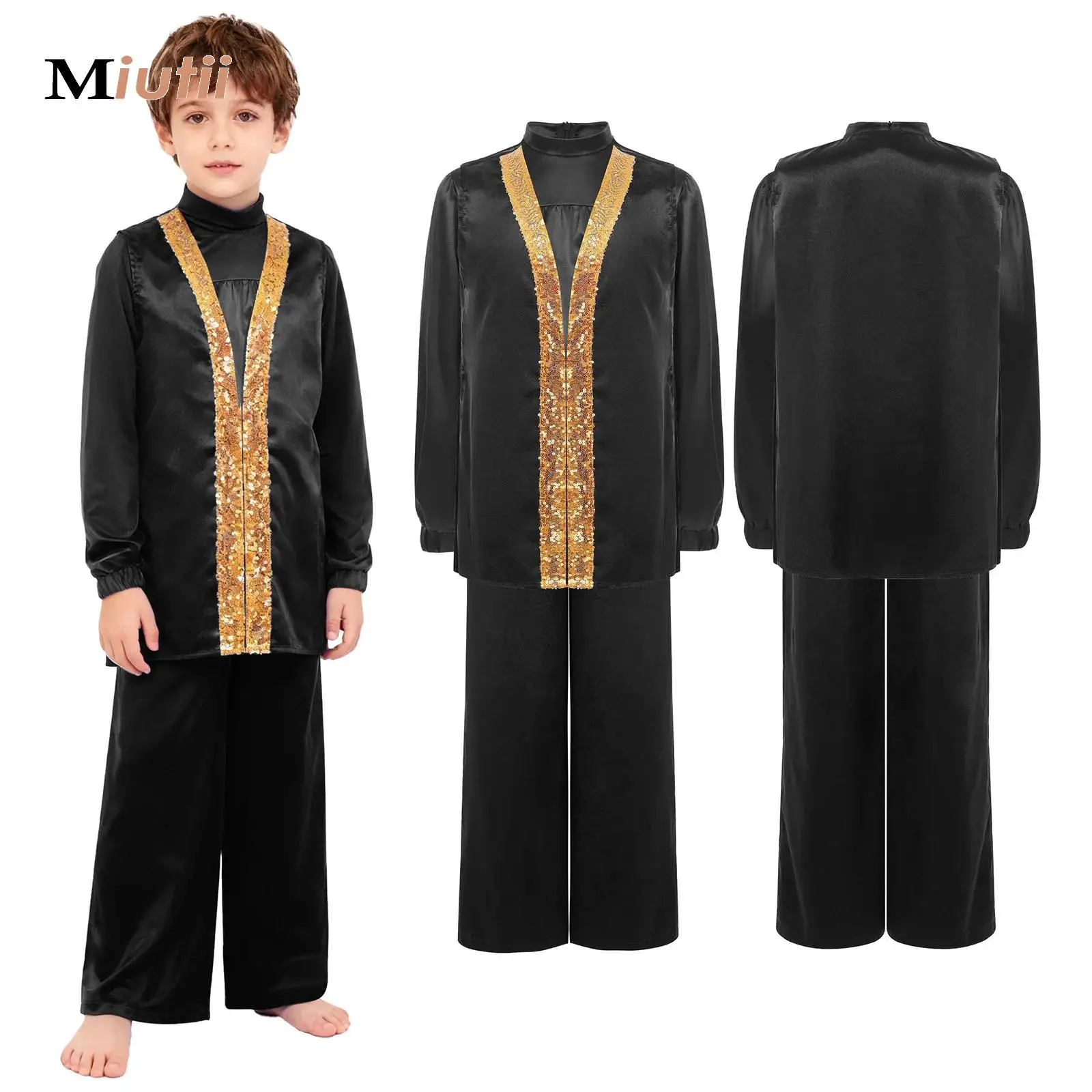 

Kids Boys Praise Liturgical Dance Outfits Long Sleeve Robe Wide-Leg Pants Satin Top for Carnival Christian Pastor Priest Cosplay