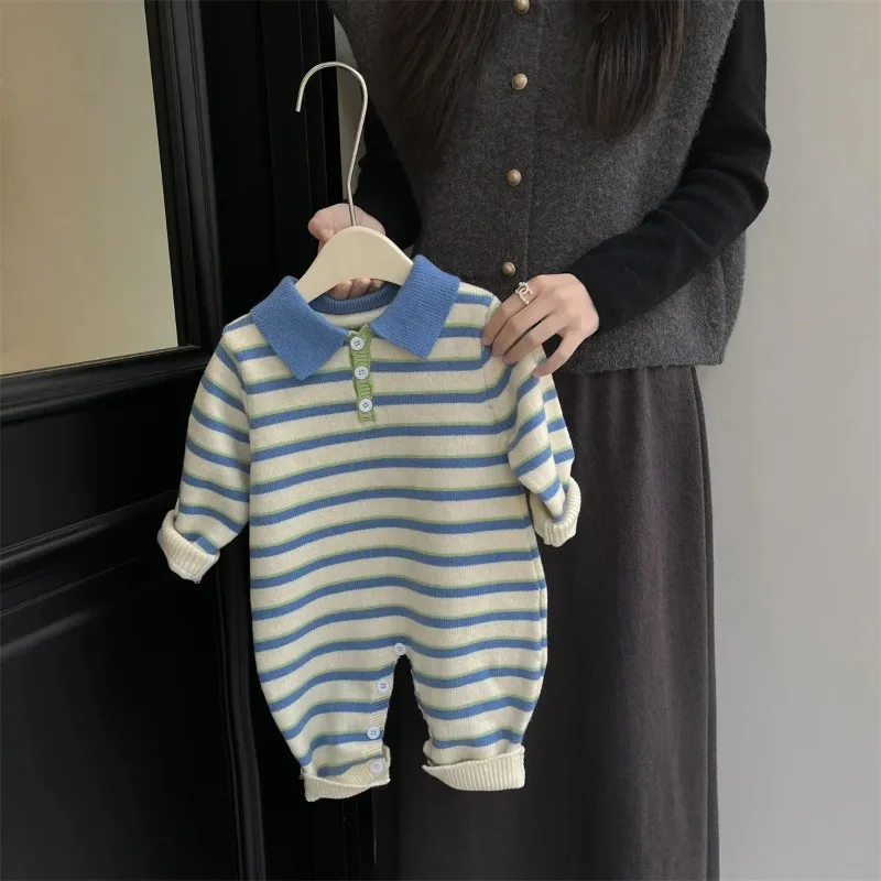 ZOETOPKID Korean Baby Clothes 2026 Spring and Autumn Fashion Striped Baby Boy's Knitted One Piece Clothes or Sweater Tops