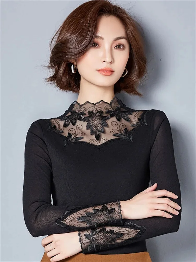 Hollow Out Women Spring Autumn Style Lace Blouses Shirts Casual Long Sleeve Patchwork Spliced Turtleneck Blusas Tops