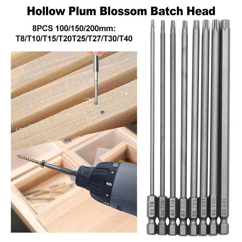 

100-200mm S2 Hexagonal Handle Screwdriver Head 8pc T8-T40 Hollow Plum Blossom Hole Hand Electric Drill Pneumatic Tool accessory