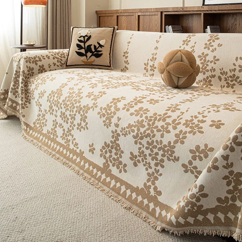 Retro French Chenille Sofa Towel Four Seasons Floral Printed Tassel Sofa Cover Anti-Scratch All-Inclusive Furniture Protector