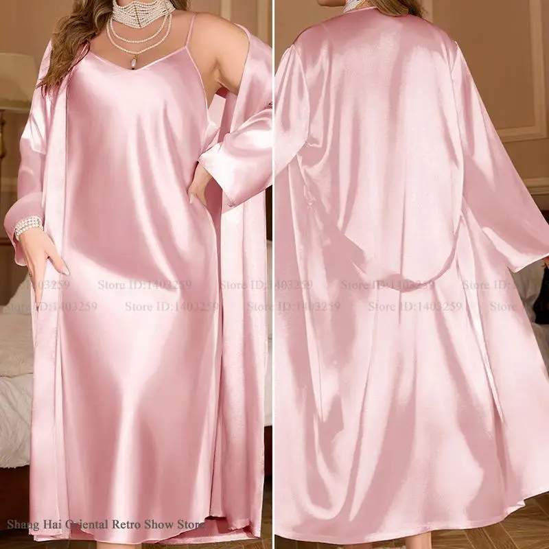 

Oversize Women's Long Robe 2PCS Set Mujer Lingerie Nightgown Elegant Ice Silk Kimono Bathrobe Gown Sexy Loose Sleepwear Homewear