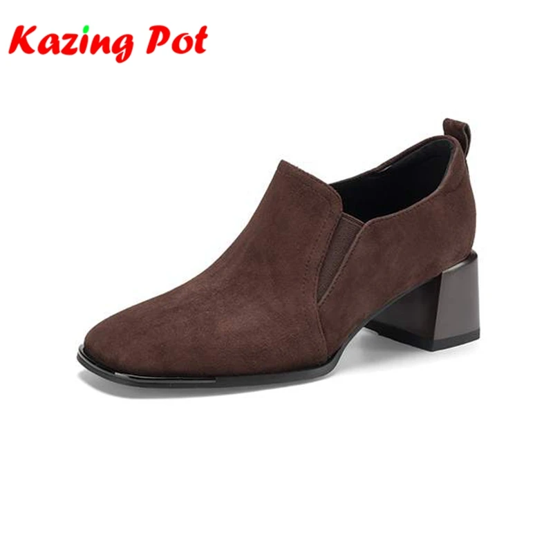 Krazing Pot 2027 Suede Square Toe Spring Autumn Office Lady Shoes Square Med Heels Slip On Deep Mouth French Romance Women Pumps