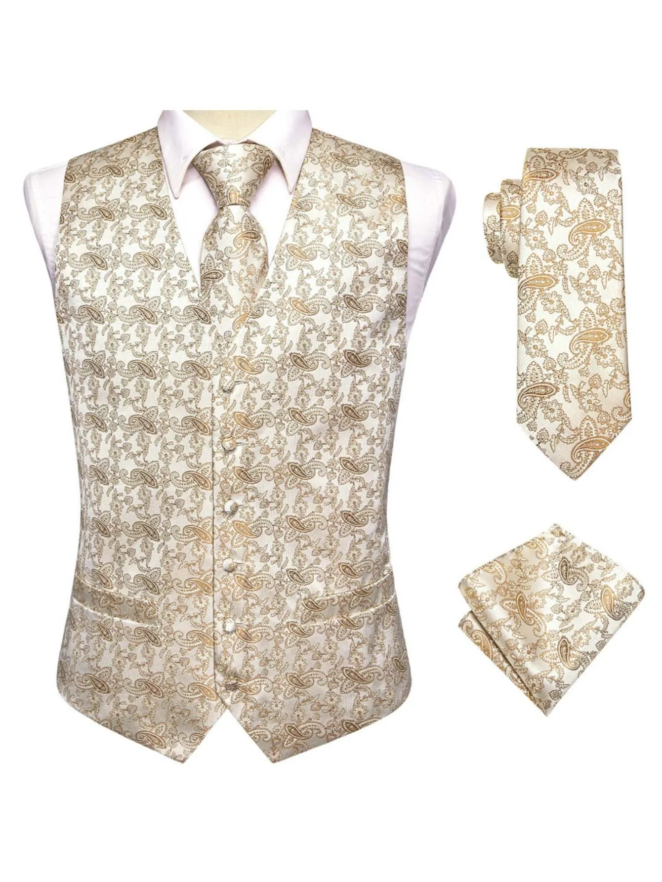 Men's Apricot Jacquard Vest 3-Piece Set Includes Waistcoat, Tie & Pocket Square, Elegant Matching Suit for Wedding, Banquet