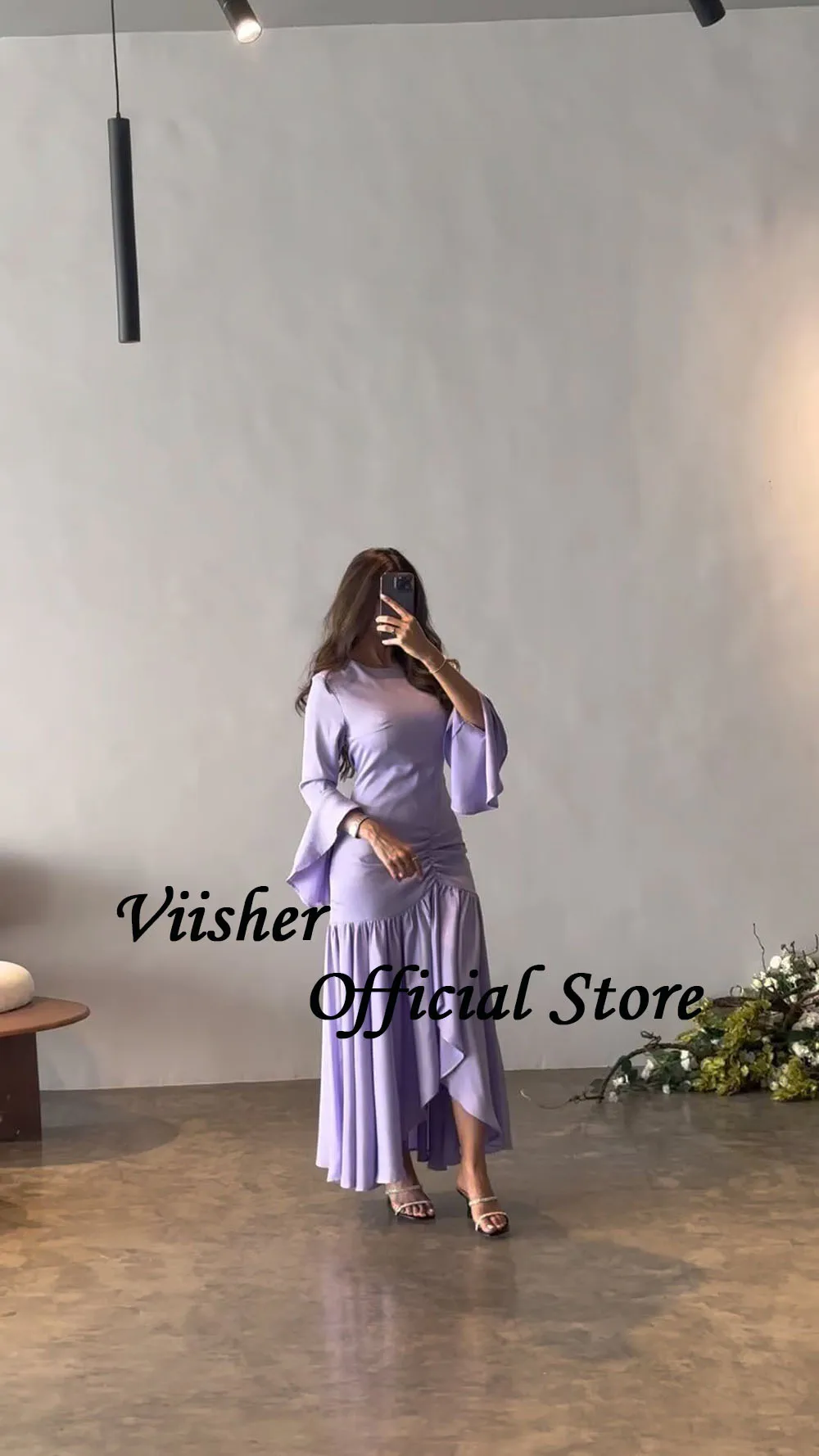 Viisher vestido de noche de sirena de satén lavanda, manga larga, cuello redondo, Dubai, Arabia, Formal, ajustado, largo, vestidos de fiesta de noche