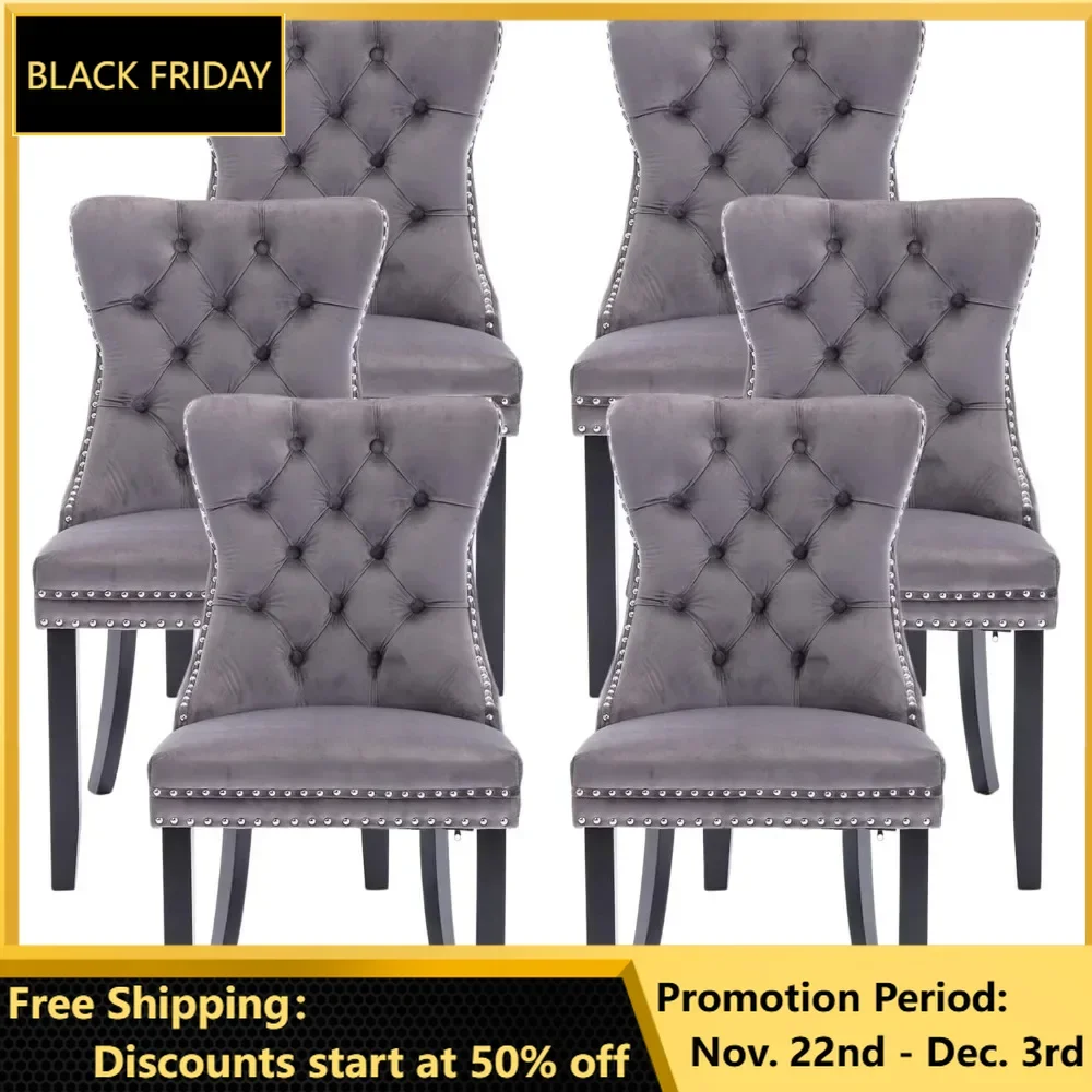 Velvet Dining Chairs Set of 6, Ring Pull Trim and Button Back, Luxury Tufted Dining Chairs for Living Room, Dining Chair