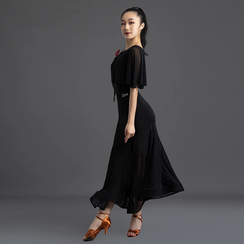 Womens Ballroom Dance Dress Adults Black Mesh Long Skirt Set Waltz Prom Competition Training Wear Dance Practice Dress XH1290