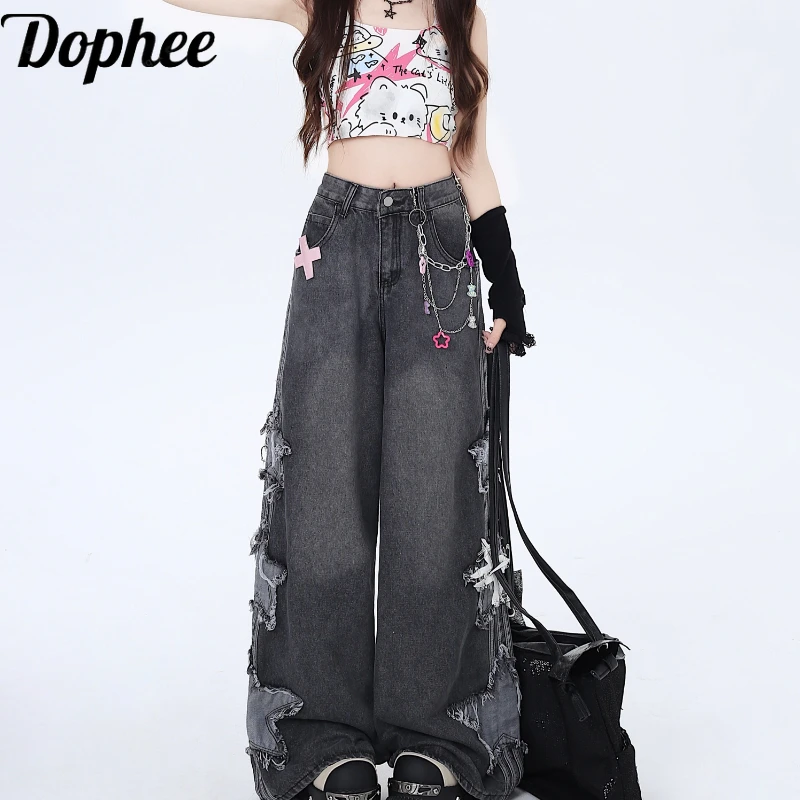 Dophee American High Street Vintage Women Jeans Patch Stars Tassel Loose Wide Leg Pants Mopping Floor Spice Girls Denim Trousers