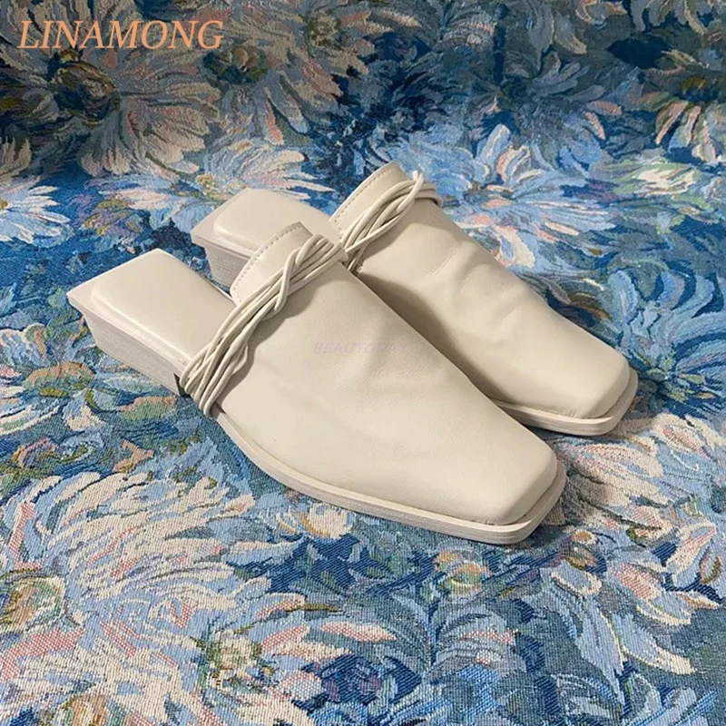 Square Point Mule Slides Soft Matte Leather Multi Twisted Front Wrap Bands Slip Construction Tiny Solid Block Heel Daily Shoes