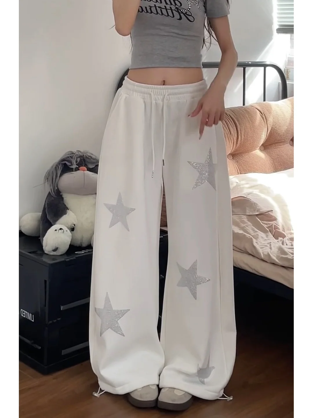 プラスサイズの女性用アメリカンレトロスターラインストーンワイドレッグパンツ、ハイウエスト、ゆったり、スリム、ドレープ、カジュアルパンツ、秋用...