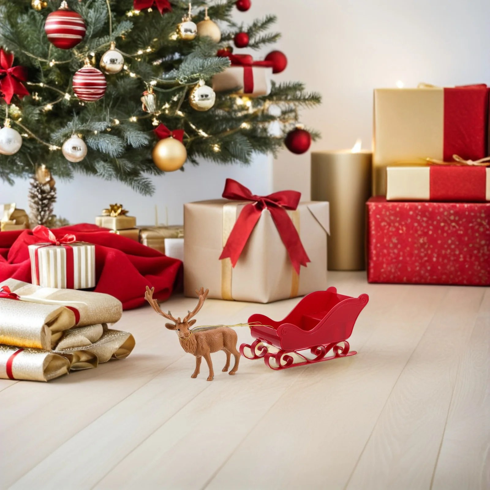 

1Set Christmas Reindeer Sleigh Decoration Elk Sculpture Christmas Sleigh Ornament Holiday Desk Mantel Tabletop Xmas Display