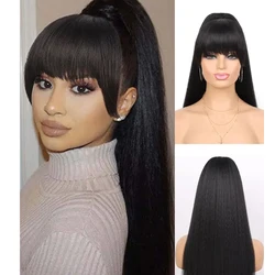 Synthetic Wig Haipiece Yaki Drawstring Ponytail Extension with Bangs Long Straight Clip in for Black Women Girl Lady Party Daily