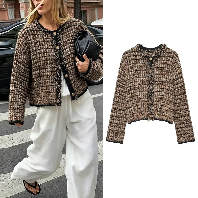 HipSeam Women's Frayed Knit Jacket With Metallic Thread O-Neck Long Sleeve Simple Women's Winter Jackets Simple Female Coats