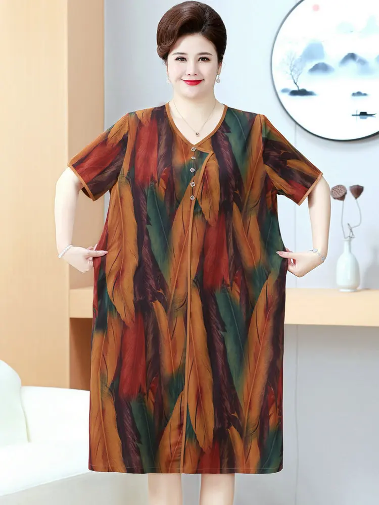 プラスサイズゆったり夏ワンピース-大人女性向け-お腹カバー-半袖-おしゃれスカート-通気性-軽量-vネックワンピース