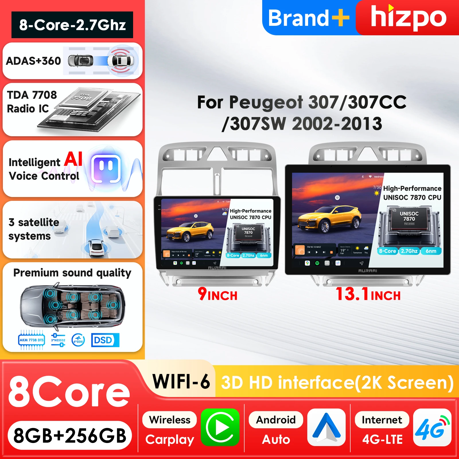 

AURA AI Intelligent Systems 7870 13.1'' 2K QLED Carplay Android Auto Radio for Peugeot 307 307CC 307SW 2002 - 2013 Maps GPS DTS