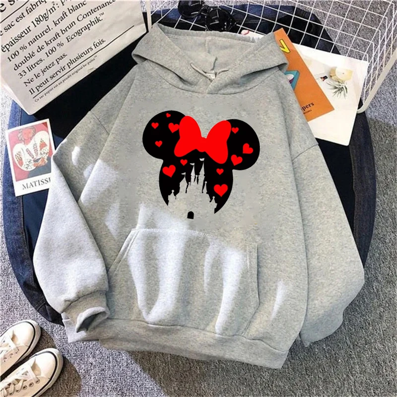 Fashion Castle Mickey and Minnie Bow Love Mouse Head Printed Hoodies Disney Personality Pullover Tops Women Casual Sweatshirt