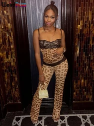 Weird Puss Mesh Patchwork 2 Piece Set Women Sexy Cleavage Sleeveless Crop Tops+Leopard Print Skinny Pants Street Wild Trend Suit