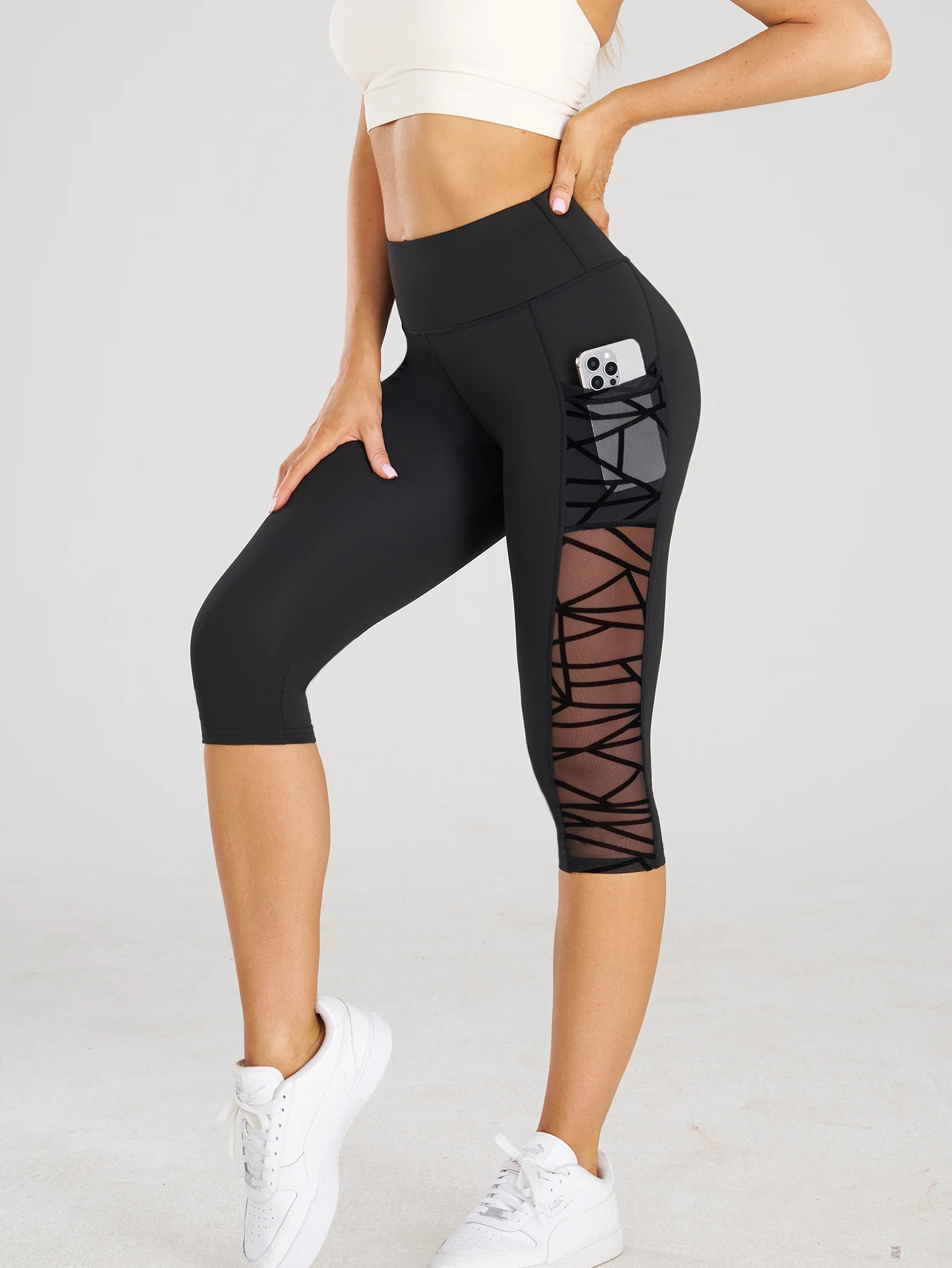 Hohe Taille Yoga Crop Hosen Leggings mit Taschen Sport Fitness Casual enge Yoga Hosen Side Cross Mesh Stitch Capri Leggings – Detail 3